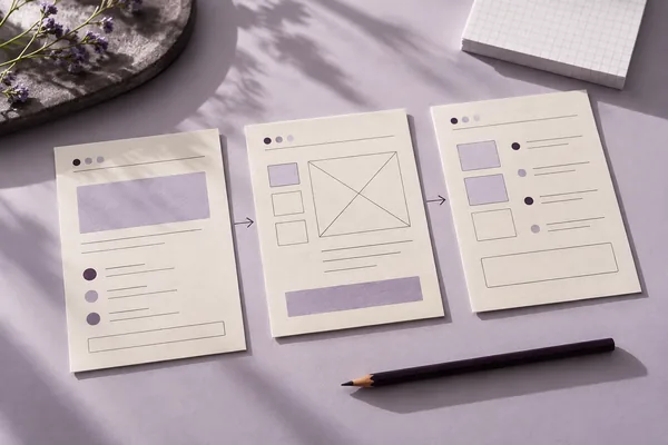 Illustrative Papierprototypen mit drei verbundenen App-Ansichten